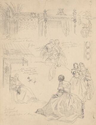 Sketches of costumes, furniture and architectural details