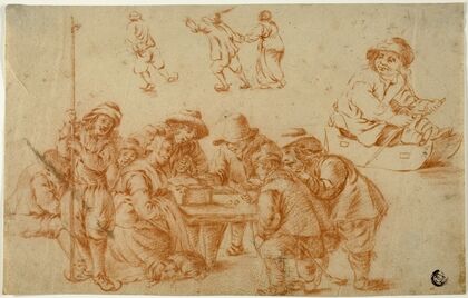 Sketches of Peasants Playing Dice and Skating; Sketch of Boy on Sled