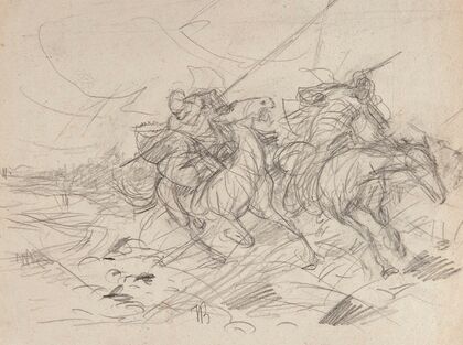 Skirmish between two galloping riders, sketch for the painting “On the Trail” (1885)