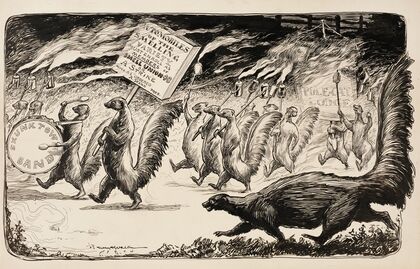 Skunks march to demand that smelly automobiles be members of their union. (1904)