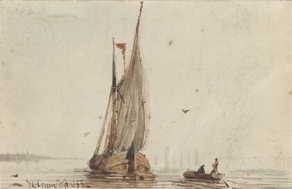 Sloep bij een zeilschip op het water