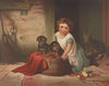 Small girl leaning against an overturned wash tub on which two puppies have been placed (1850-1880)
