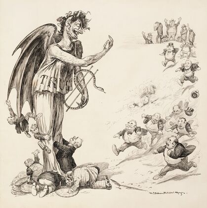 Small men in suits run towards a demon, representing the Trusts, and kiss his feet (1901)