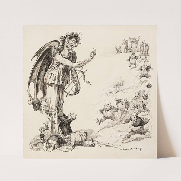 Small men in suits run towards a demon, representing the Trusts, and kiss his feet (1901) by William Henry Walker