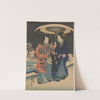 Snow Scene; Woman in Blue, Man in Red and Blue, Under Black and White Umbrella by Utagawa Kunisada (Toyokuni III)