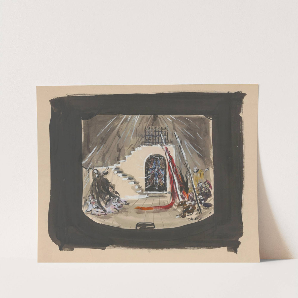 Sodome et Gomorrhe – maquette de décor – escalier longeant mur en ruine, podium avec draperie rouge (1943) by Christian Bérard