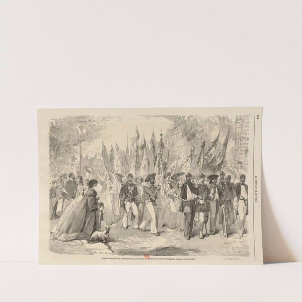 Soldats d’infanterie de marine portant, le 28 juillet, à l’Hôtel des Invalides les drapeaux conquis sur les Chinois by Edmond Morin