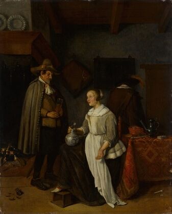 Soldier drinking with a young woman in an inn