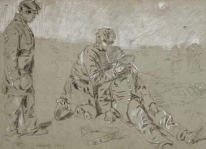 Soldier Giving Water to a Wounded Companion
