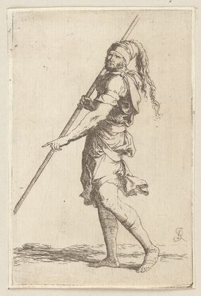 Soldier Holding a Cane with Both Hands, Walking Toward the Left