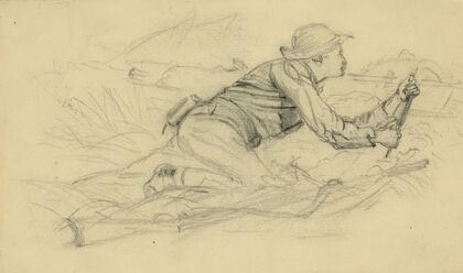Soldier peering over a log