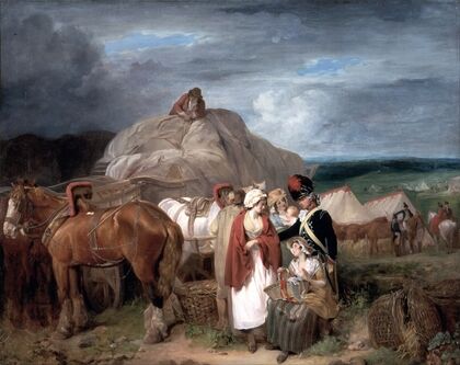 Soldier With Country Women Selling Ribbons, Near A Military Camp