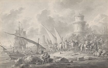 Soldiers Loading Barges for a Large Sailing Ship Along the Coast