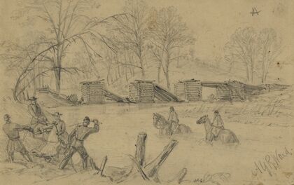 Soldiers on horseback crossing a river near a collapsed bridge