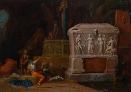 Soldiers resting near an antique sarcophagus with Apollo and Marsyas