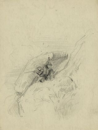Soldiers shooting from behind rock at Round Top