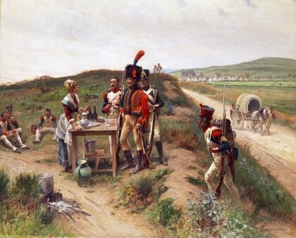 Soldiers taking a break by a female sutler