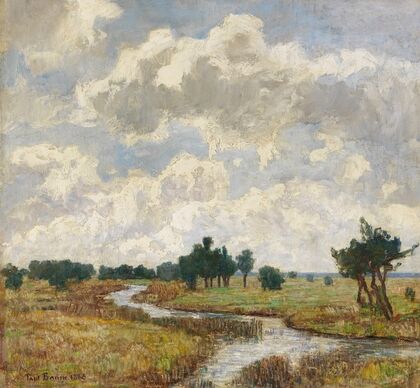 Sonnig-wolkiger Himmel über moorigen Wiesen mit Bachlauf