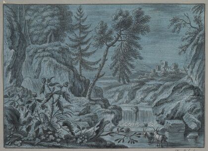 Southern Landscape with a Waterfall and Goats late
