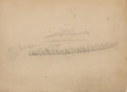 Southwest view of the U.S. Capitol building with cast-iron fence. Preliminary drawing