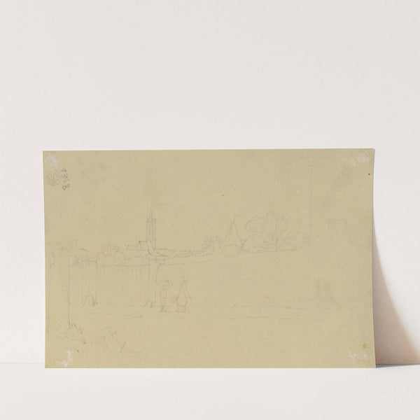 Spaziergänger an einer Mauer in einer Stadt by August Lucas