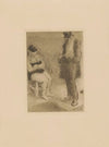 Spectacle – femme aux yeux bandés et homme en chapeau haut-de-forme tenant une badine (1895)