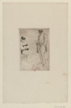 Spectacle – femme aux yeux bandés et homme en chapeau haut-de-forme tenant une badine (1895)