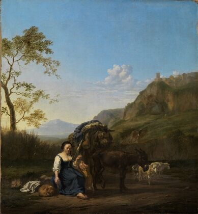Spinnende Bäuerin in italienischer Berglandschaft