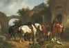 Sportsmen resting outside an inn
