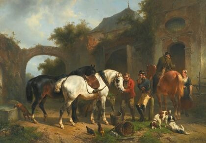 Sportsmen resting outside an inn