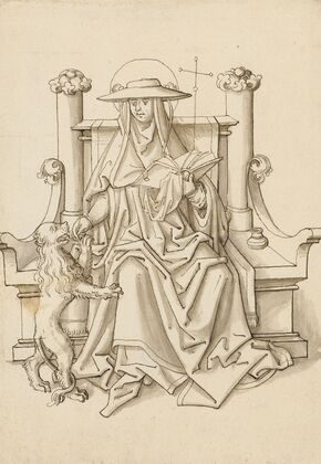 St. Jerome with the lion, on a stone throne — size preview