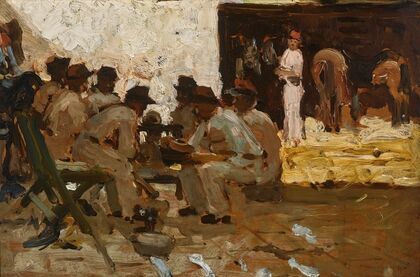 Stable boy with fez, soldiers seated, Morocco