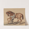 Stableman with a chestnut horse by Piotr Michałowski