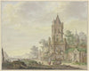 Stadt mit einem alten Turm am Wasser, vorne eine Frau bei einem Knaben mit zwei Schafen