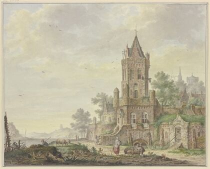 Stadt mit einem alten Turm am Wasser, vorne eine Frau bei einem Knaben mit zwei Schafen