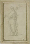 Standing Draped Female Figure Carrying Trumpet, Flowers