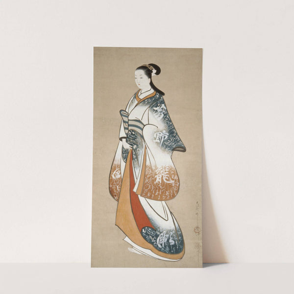 Standing prostitute wearing a kimono decorated with calligraphy by Takizawa Shigenobu