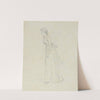 Standing young woman in Victorian attire, seen in profile by Kate Greenaway