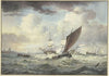Stark bewegte See mit vielen Schiffen, ein großes Schiff lädt eine Kanone, davor ein Boot von vorne gesehen, links eine Stadt