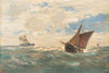Steamer and sailing boats on open sea