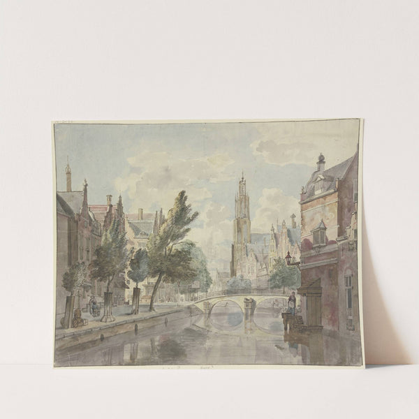 Steinbrücke über einen Kanal, im Hintergrund eine Kathedrale, rechts am Haus eine Laterne by Johannes Huibert Prins