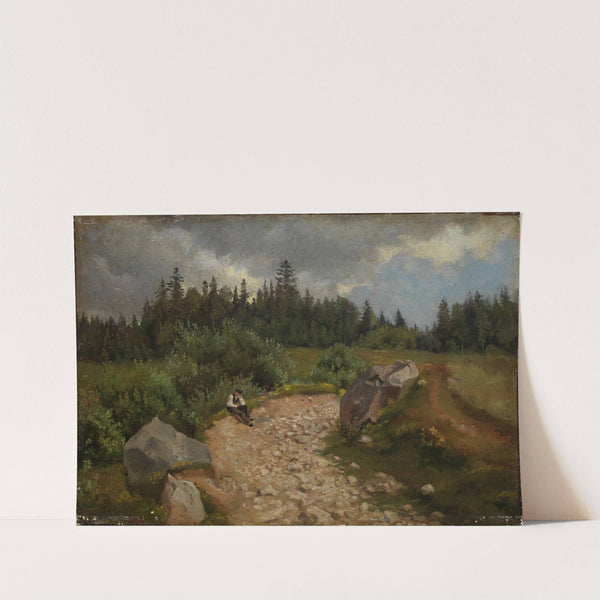 Steiniger Weg am Waldrand mit sitzendem Mann (1860) by Hans Thoma