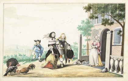 Stel begroet een dame bij de deur van een landhuis