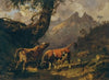 Stier, eine Kuh verfolgend, im Hintergrund Landschaft bei Carrara