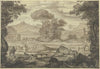 Stilisierte italienische Landschaft mit Figuren und Vieh, im Vordergrund eine Frau mit Spinnrocken