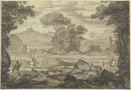 Stilisierte italienische Landschaft mit Figuren und Vieh, im Vordergrund eine Frau mit Spinnrocken
