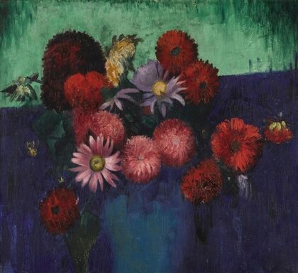Still Life, Dahlias and Daisies in a Blue Vase
