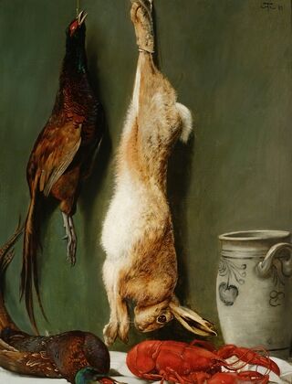 Still life; hare, pheasant, a lobster, and a jug (1889)