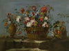Still Life Of A Basket Of Flowers On A Rock Ledge,