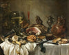 Still Life Of A Roemer, An Earthenware Jug, An Overturned Silver Beaker, A Ham And Other Objects Arranged Upon A Draped Table Top